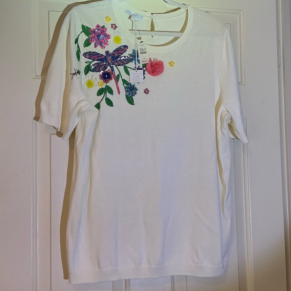 NWT Talbots Embroidered / beaded Dragonfly Short-Sleeve Sweater - Off White